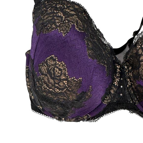 Cacique Bra Size 38F Purple Black Lace Underwired Strappy Sexy Back Closure Bra - Picture 3 of 10